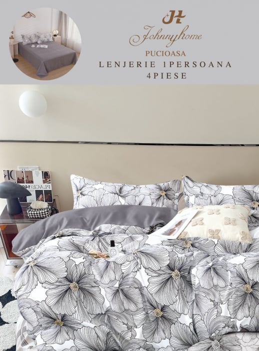 Lenjerie de pat, 1 persoana, Bumbac Finet, 4 piese, Cearceaf Normal Y60-77